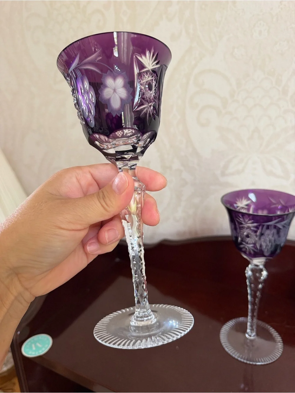 Purple Etched Crystal Wine Goblets - Set of 2